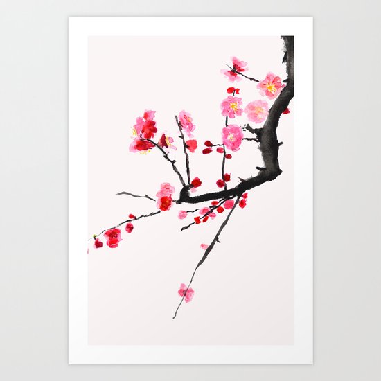 red plum flower red background Art Print