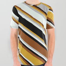 [ Thumbnail: Eyecatching Goldenrod, Grey, Mint Cream, Black, and Brown Colored Stripes Pattern All Over Graphic Tee ]
