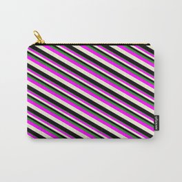 [ Thumbnail: Forest Green, Fuchsia, Beige, and Black Colored Lined/Striped Pattern Carry-All Pouch ]
