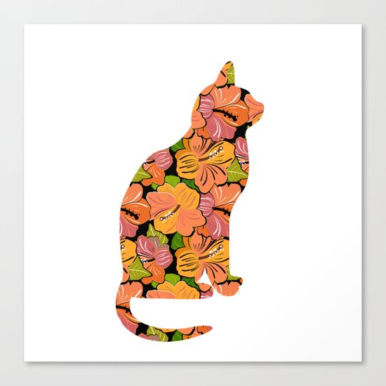 Cat Silhouette With Hibiscus Flowers Inlay Canvas Print