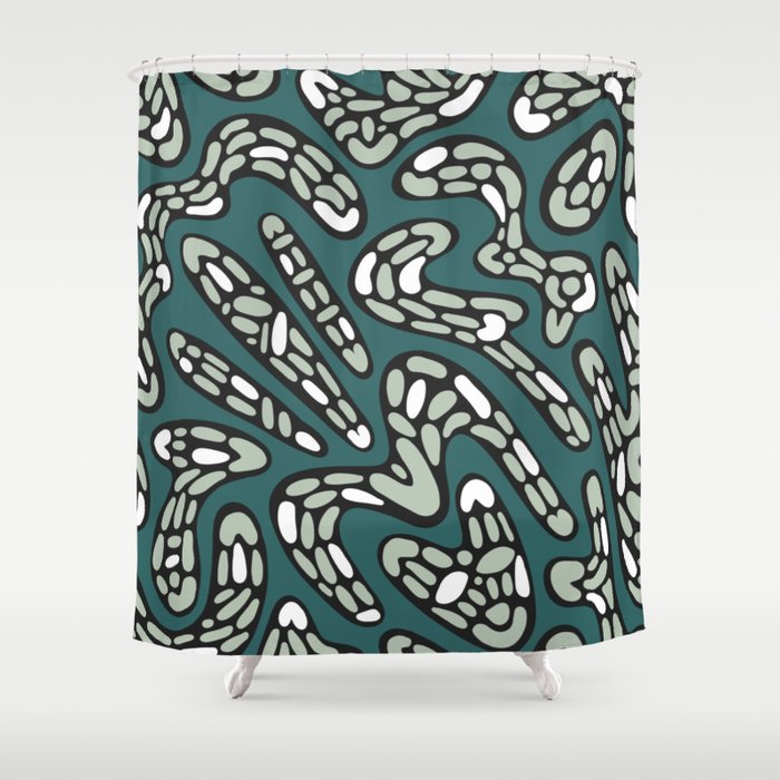 Organic Abstract Pattern in Dark Teal, Pastel Grey Green, Black and White Shower Curtain