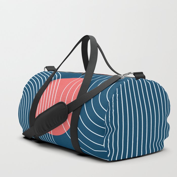 Geometric Lines in Sun Rainbow Abstract 8 in Midnight Blue Coral Duffle Bag