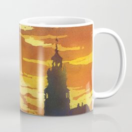 Orange sunset with silhouette of church bell tower in Tabor, Czech Republic.  Watercolor painting or Coffee Mug