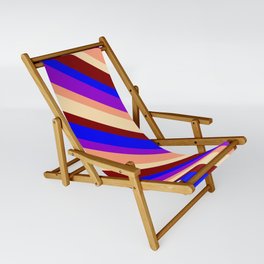 [ Thumbnail: Eyecatching Blue, Dark Violet, Light Salmon, Beige, and Maroon Colored Lines/Stripes Pattern Sling Chair ]