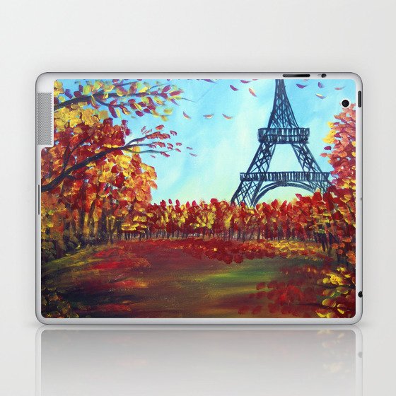 Autumn leaves, Eiffel Tower, Paris, France colorful landscape painting Laptop & iPad Skin