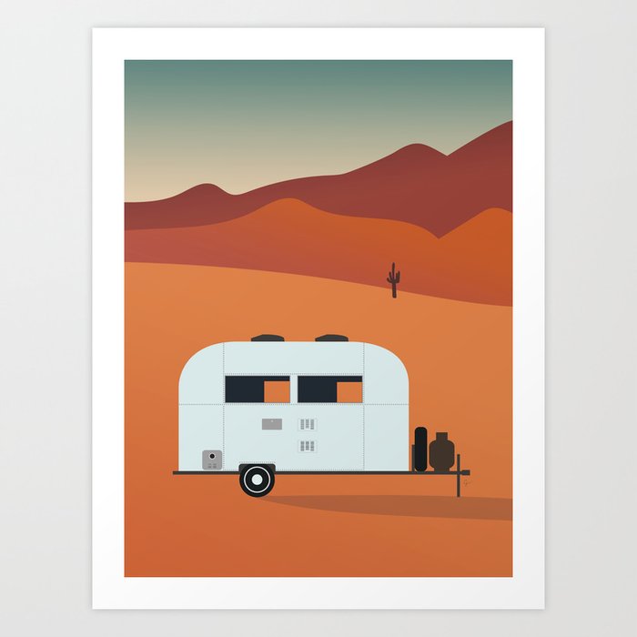 Camper in the Desert at Sunset Art Print