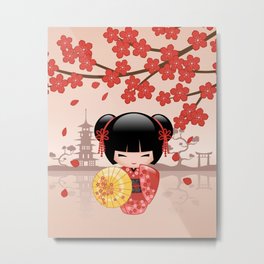 Japanese Red Sakura Kokeshi Doll Metal Print | Red, Digital, Kawaii, Cartoon, Umbrella, Kokeshi, Cute, Kimono, Illustration, Sakura 