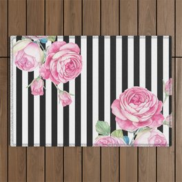Black white blush pink watercolor floral stripes Outdoor Rug
