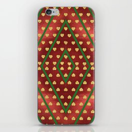 Gold Hearts on a Red Shiny Background with Green Diamond Lines iPhone Skin