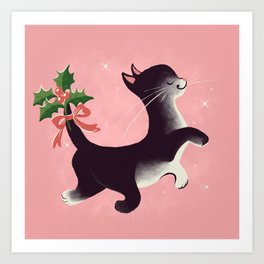 Holly Jolly Vintage Holiday Kitty Cat Cutie Art Print | Kitten, Vintage, Cat, Christmascat, Kitty, Cute, Cartoon, Midcentury, Fluffy, Pink 