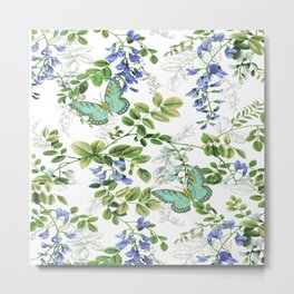 blue wisteria w butterflies Metal Print | Spring, Floral, Pattern, Watercolor, Mmer, Blue, Flowers, Painting, Wisteria, Garden 