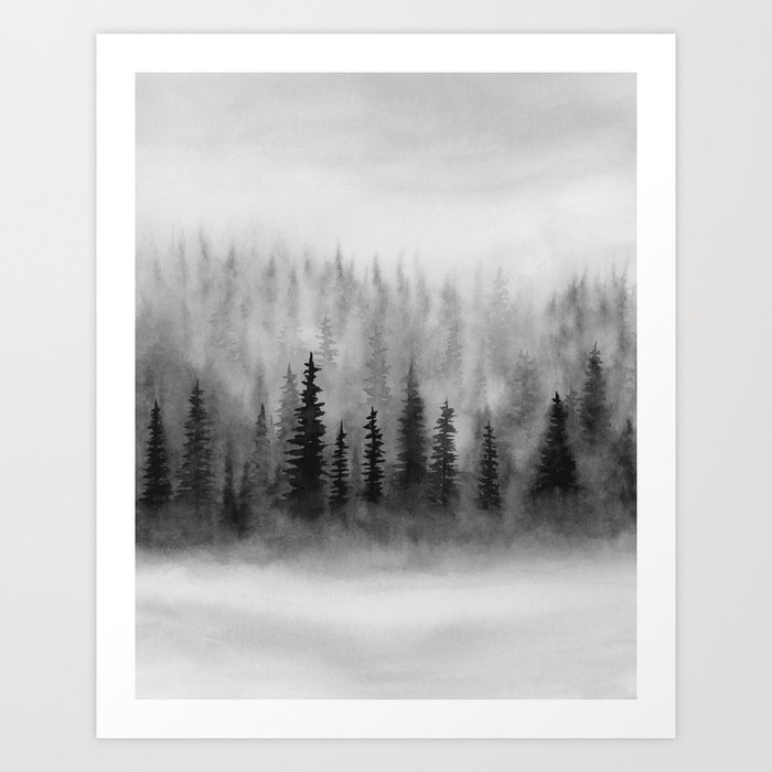 Trees Above the Fog II, Black and White Wall Art, Foggy Forest Watercolor Painting, Rustic Modern Mountain Home Décor Art Print