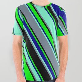 [ Thumbnail: Colorful Black, Lime, Dark Blue, Aquamarine, and Light Slate Gray Colored Lined Pattern All Over Graphic Tee ]