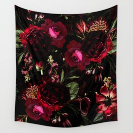 Vintage Botanical Christmas Roses Midnight Black Garden Wall Tapestry