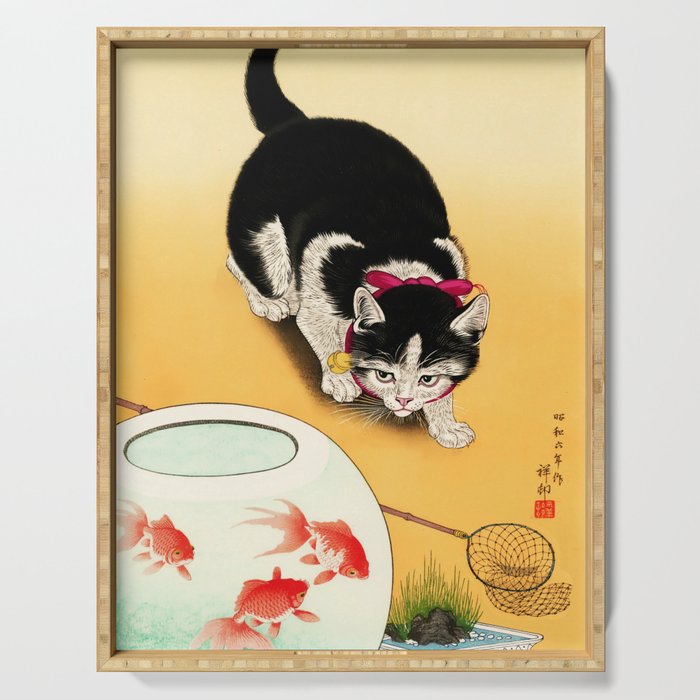 Cat and Goldfish by Ohara Koson Serving Tray
