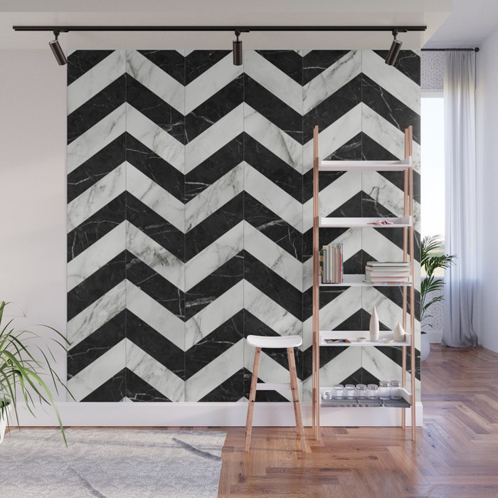 Marble Chevron Pattern 2 - Black and White Wall Mural