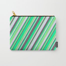[ Thumbnail: Green, Light Green, Lavender, and Dim Gray Colored Stripes/Lines Pattern Carry-All Pouch ]
