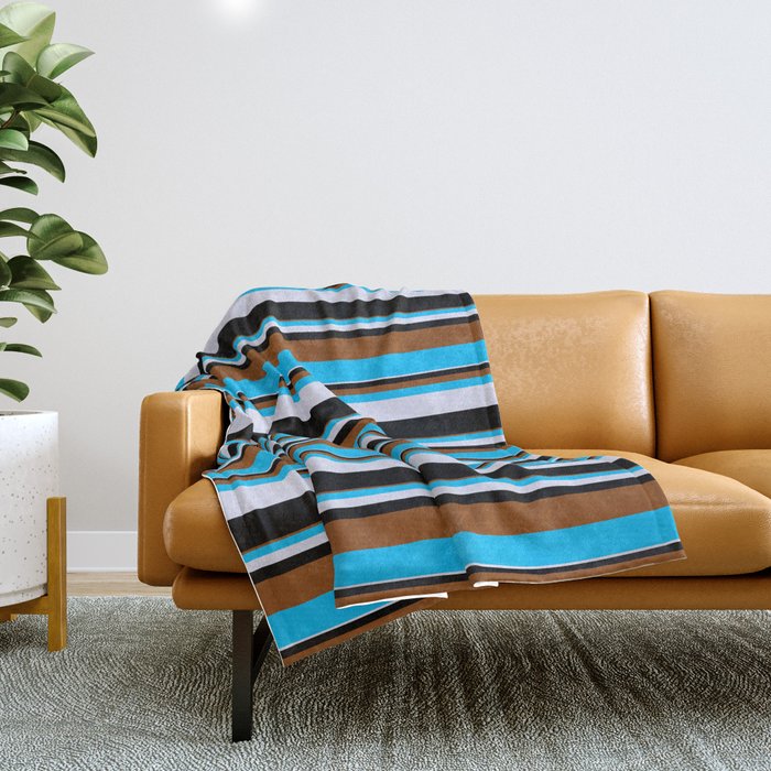 Brown, Deep Sky Blue, Lavender, and Black Colored Pattern of Stripes Throw Blanket
