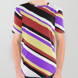 [ Thumbnail: Colorful Purple, Tan, Red, Black & White Colored Stripes Pattern All Over Graphic Tee ]