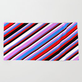 [ Thumbnail: Eyecatching Violet, Blue, Red, Black & White Colored Lines Pattern Beach Towel ]