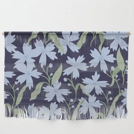 Night Garden of Blue Flowers and Green Leaves Wall Hanging