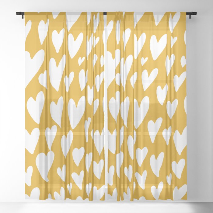 Valentines day hearts explosion - white on ochre Sheer Curtain