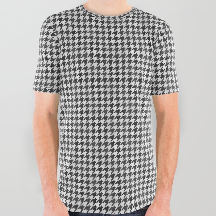 Soot Black and White Handpainted Houndstooth Check Watercolor Pattern All Over Graphic Tee