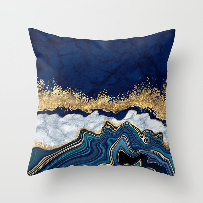 Geode Agate Navy Blue Gold Marble Pattern Throw Pillow