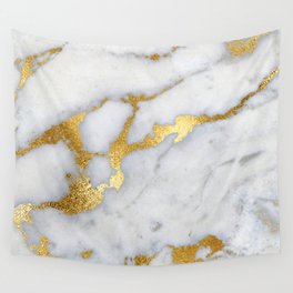 White and Gray Marble and Gold Metal foil Glitter Effect Wall Tapestry