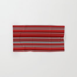[ Thumbnail: Red, Maroon, and Gray Colored Stripes Pattern Hand & Bath Towel ]