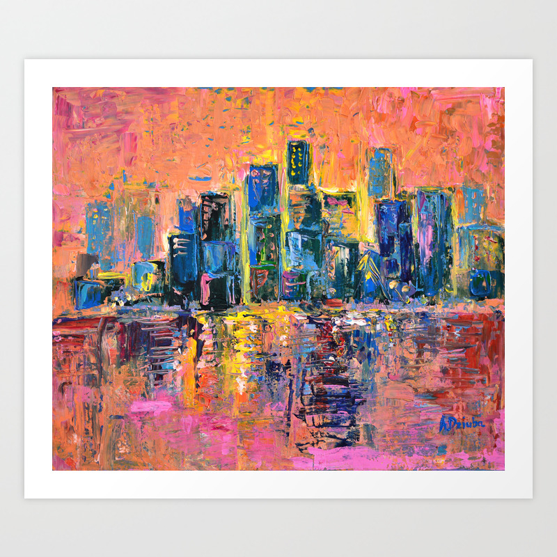 Pink Sky Abstract Painting New York City Skyline At Sunset