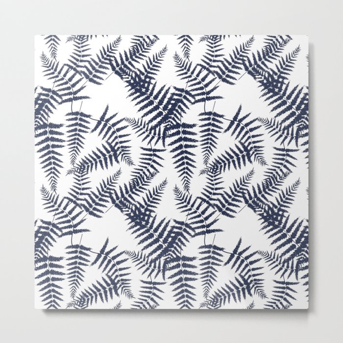 Navy Blue Silhouette Fern Leaves Pattern Metal Print
