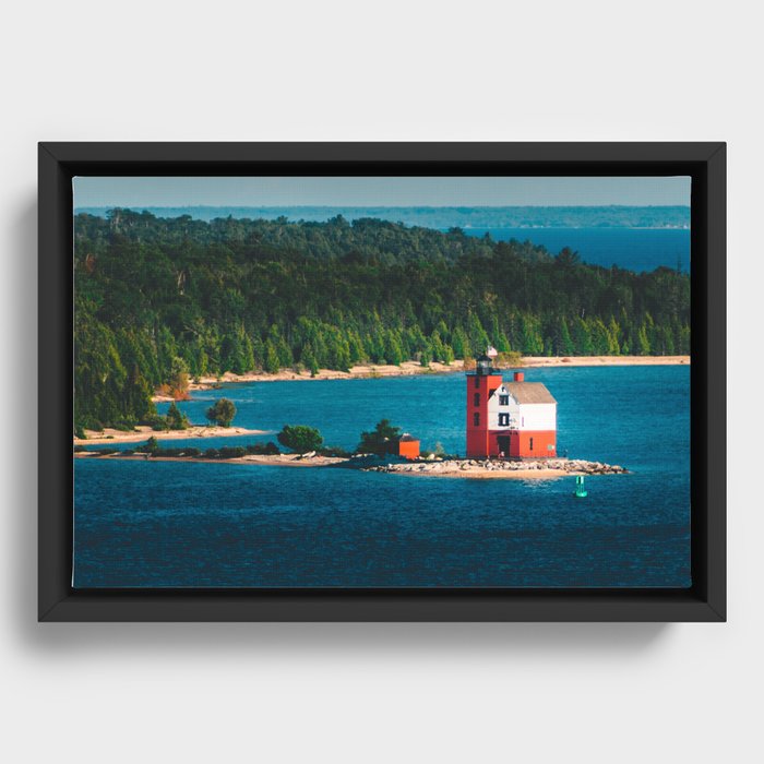 Round Island Light watching over Mackinac Island on Lake Michigan Framed Canvas
