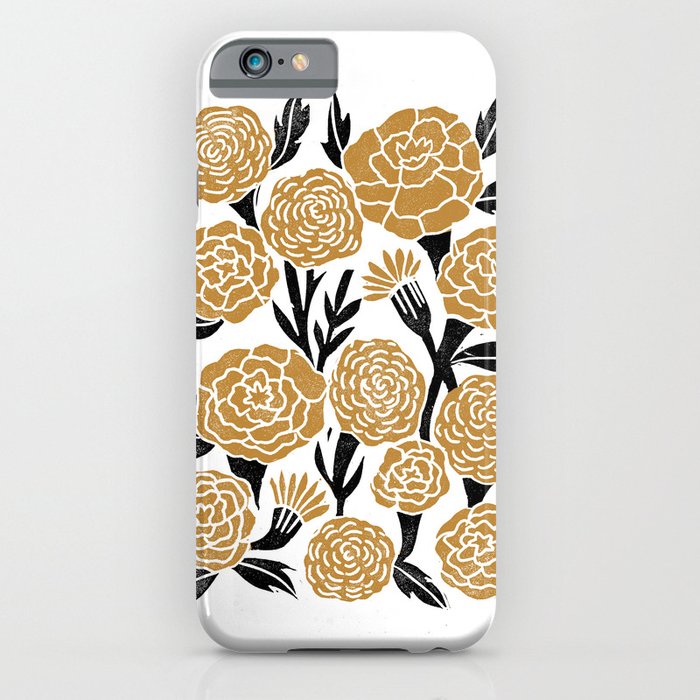 Golden Flowers - floral, yellow, golden yellow, ochre, linocut, woodcut, woodblock iPhone Case