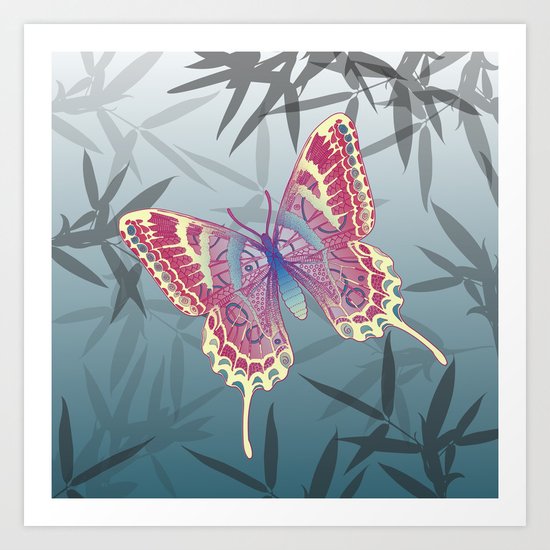 Unique Butterfly Bamboo leaves Pattern Art Print