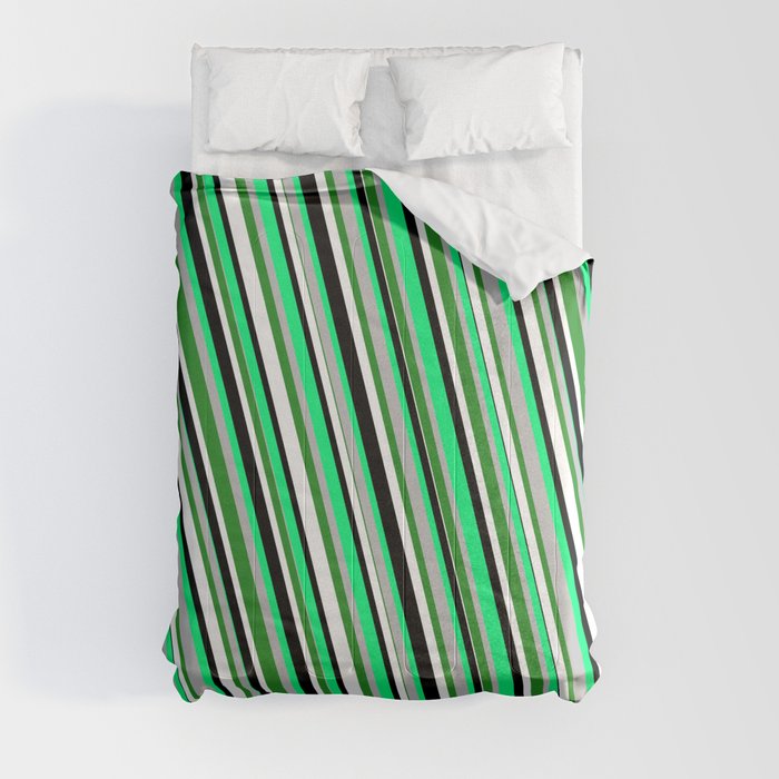 Eye-catching Green, Grey, Forest Green, White, and Black Colored Stripes/Lines Pattern Comforter
