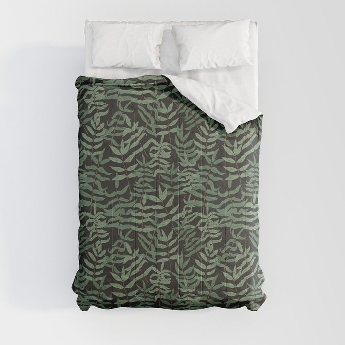 Ash - Green ash leaves on a black background Comforter