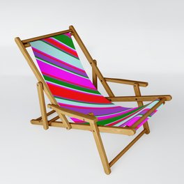 [ Thumbnail: Eyecatching Fuchsia, Red, Dark Orchid, Green & Turquoise Colored Lined Pattern Sling Chair ]