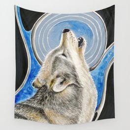 Howling Wolf Alpha Moon Ink Art Drawing Wall Tapestry
