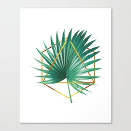 Minimal Tropical Palm Leaf - Palm And Gold - Gold Geometric Shape - Modern Tropical Wall Art - Green Canvas Print
