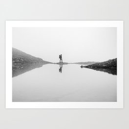 Hiker in the Austrian alps hiking in the foggy mountains -adventure wall art print in black and whit Art Print