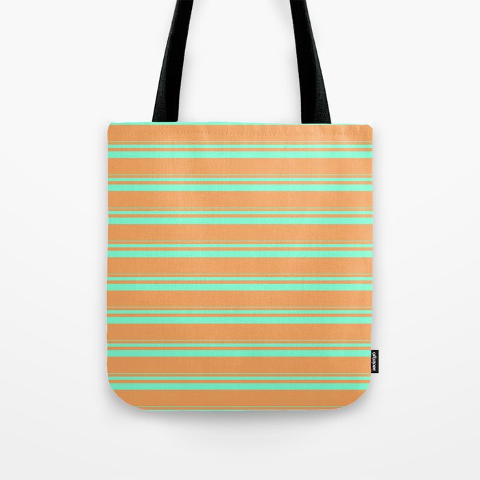 Aquamarine and Brown Colored Lined Pattern Tote Bag