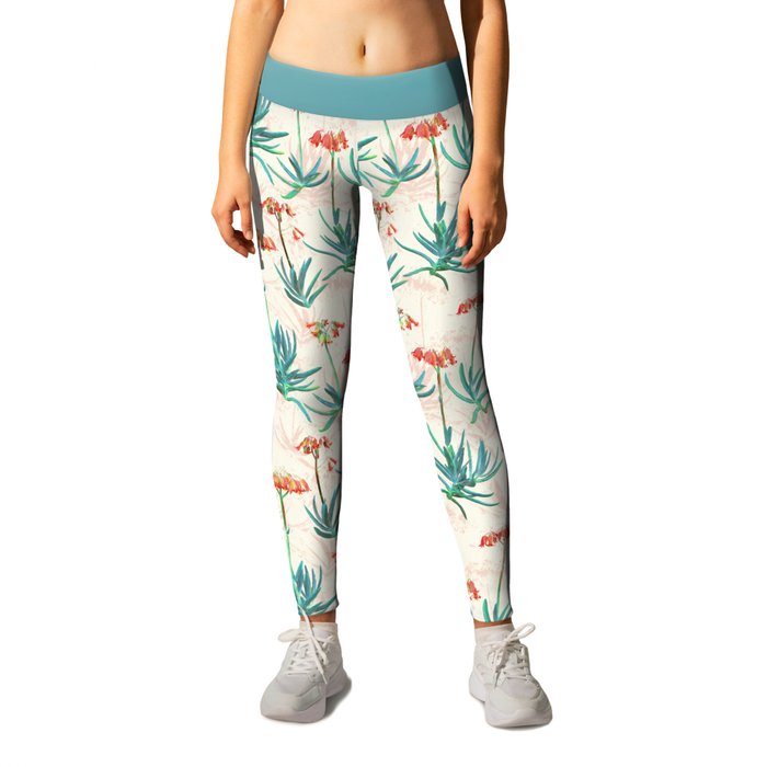 Flowering Succulent Pattern in Cream, Coral and Green Leggings