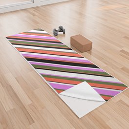 [ Thumbnail: Eyecatching Violet, Dark Olive Green, Red, Black, and White Colored Striped Pattern Yoga Towel ]