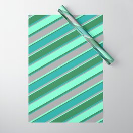 [ Thumbnail: Light Sea Green, Dark Grey, Aquamarine, and Sea Green Colored Stripes Pattern Wrapping Paper ]