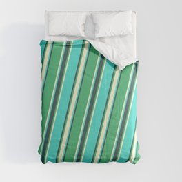 [ Thumbnail: Sea Green, Light Yellow, Turquoise, and Dark Slate Gray Colored Striped Pattern Comforter ]