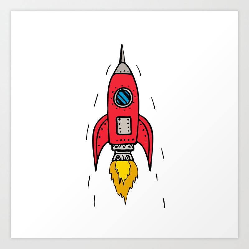 Vintage Rocket Ship Blasting Off Drawing Art Print By Patrimonio