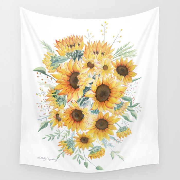 Loose Watercolor Sunflowers Wall Tapestry