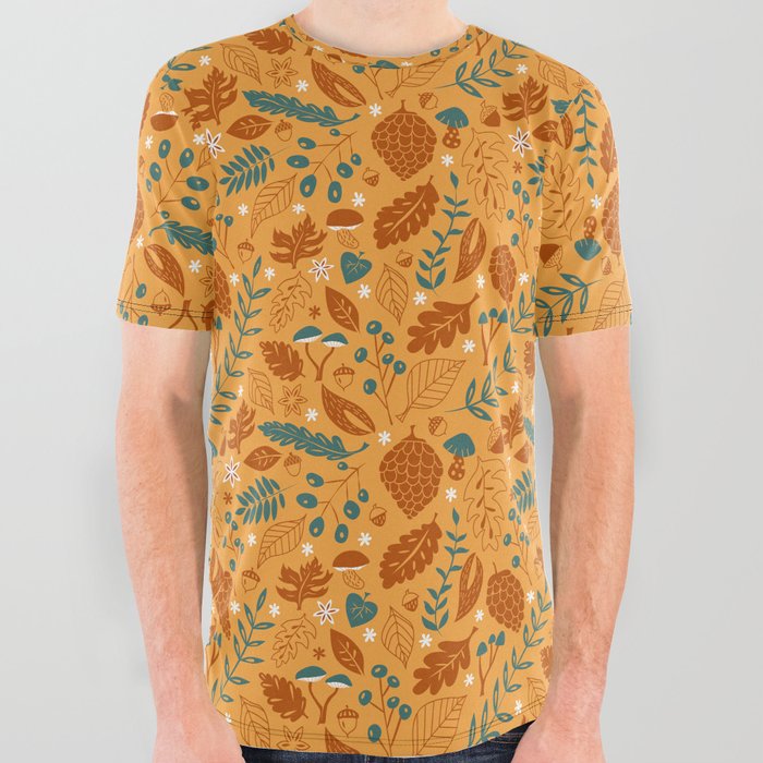 Fall Foliage in Yellow, Terracotta, and Blue All Over Graphic Tee