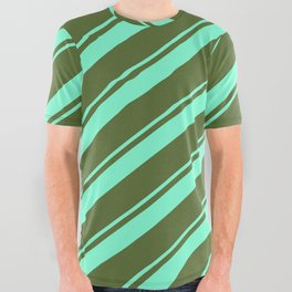 [ Thumbnail: Dark Olive Green and Aquamarine Colored Lined Pattern All Over Graphic Tee ]